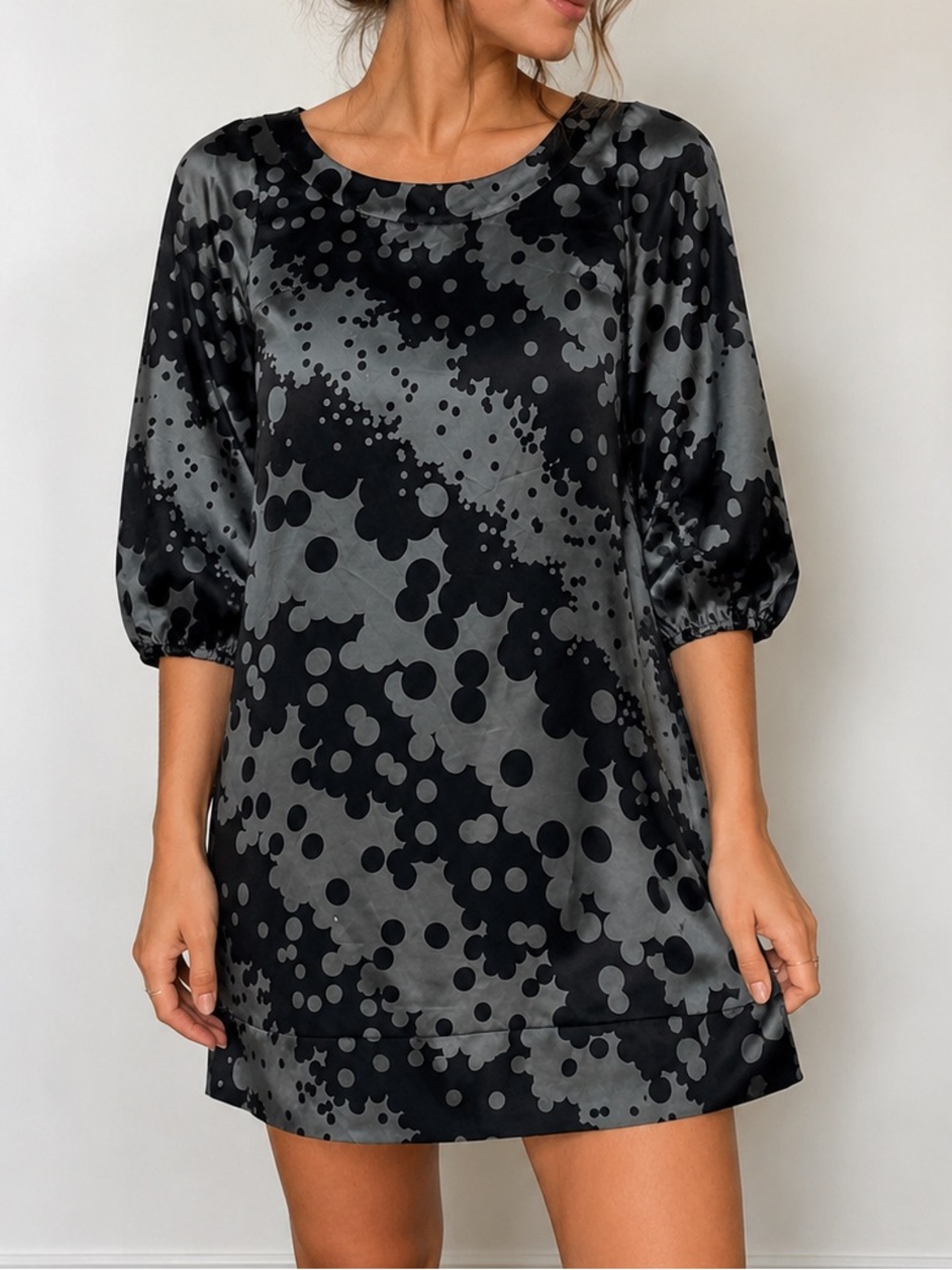 H&M Y2K Silky Bubble Print 3/4 Sleeve Mini Dress Black Grey Size 6